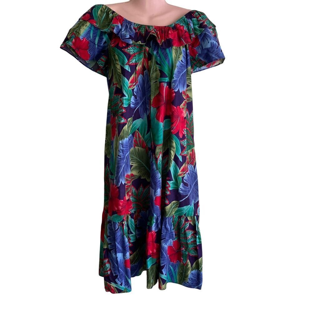 Hilo Hattie Dress Womens Medium Floral Ruffle Hawaiian Pocket Summer Sundress
